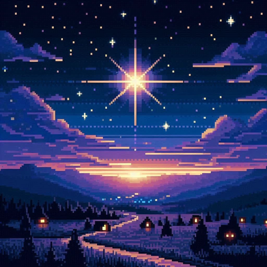 A starry night sky with one especially bright star, like the North Star, above a landscape with trees and occasional houses. A starry night sky with one especially bright star, like the North Star, above a landscape with trees and occasional houses.
